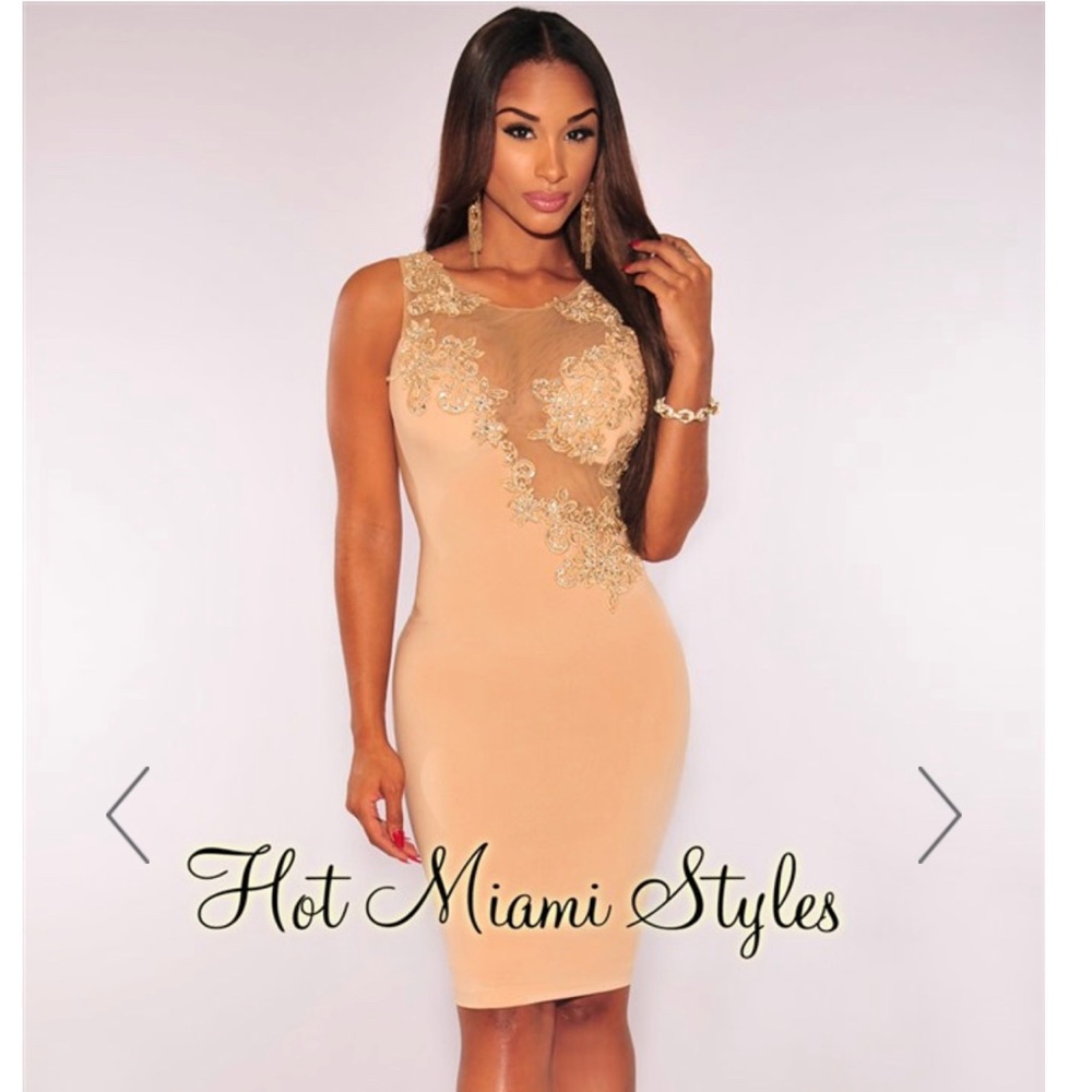 Mesh Rhinestone Embellished Beige Ruched Dress